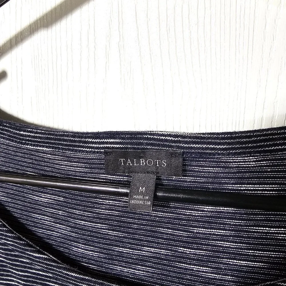 TALBOTS NAVY BLUE & WHITE Striped Cotton Boho Long Sleeve Sheath Dress Size M - Picture 4 of 6